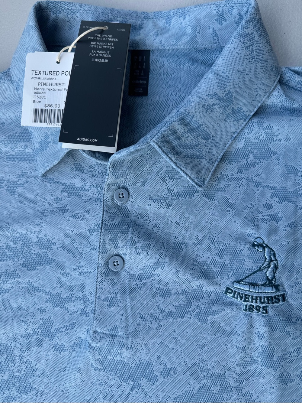 Men’s Adidas Lgt Blue Polo with Subtle Camo Pattern. Size XL, NWT Pinehurst Logo